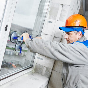 Residential Window Installation, male industrial builder worker at window installation in building