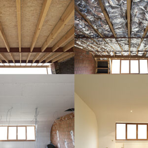 The Role of New Construction Window Installation in Zero-Energy Home Design, construction of the wooden frame of a roof Fibreglass insulation installed in the sloping ceiling of a house. Construction of Drywall-Plasterboard Before and after