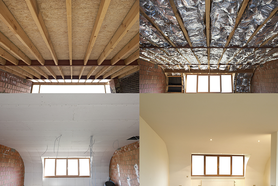 The Role of New Construction Window Installation in Zero-Energy Home Design, construction of the wooden frame of a roof Fibreglass insulation installed in the sloping ceiling of a house. Construction of Drywall-Plasterboard Before and after